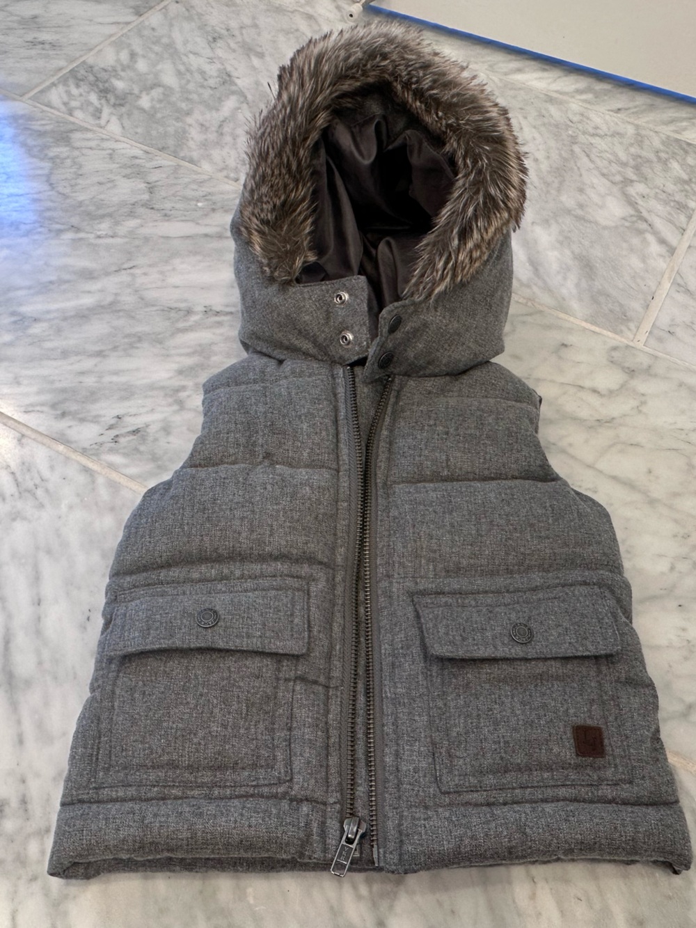 Janie and Jack Gray Quilted Hooded Puffer Vest with Faux-Fur Trim